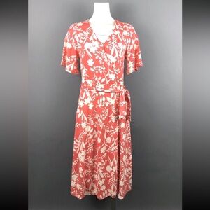 Isaac Mizrahi Live Orange White Floral Print Wrap Dress Small‎ Boho Preppy Cute